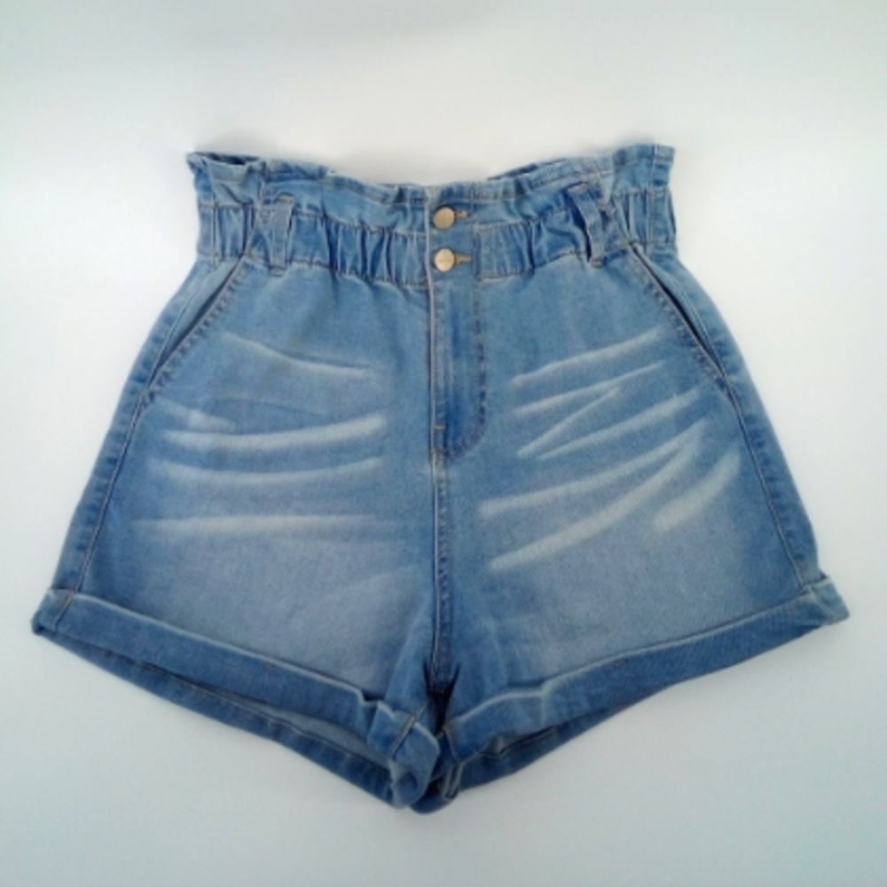 Kendall + Kyle The Icon Short Shorts Blue Wash Sandblasted High Waist Paperbag 7